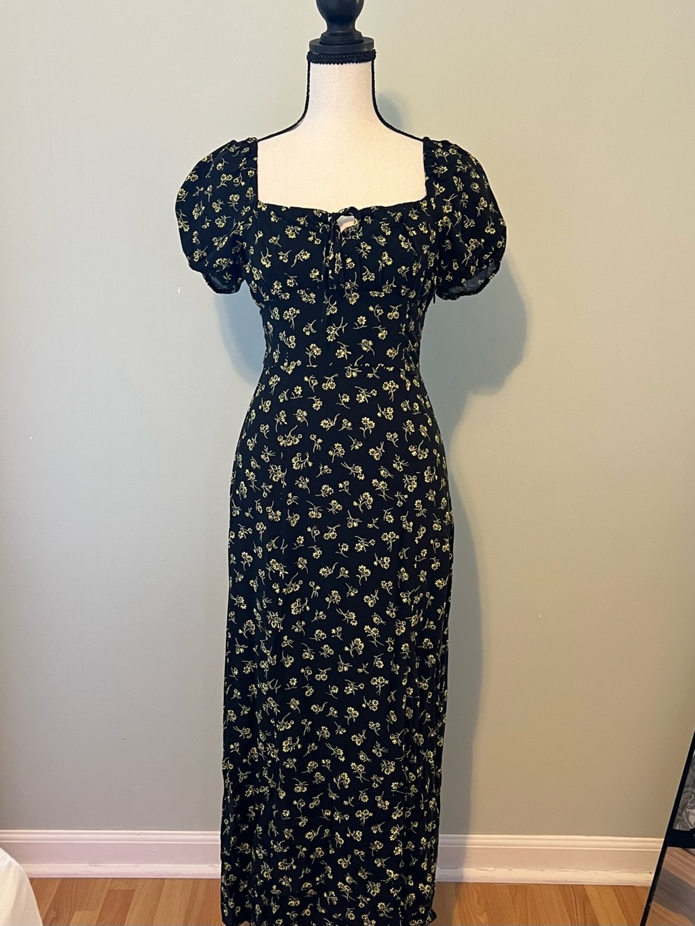H&M Black Floral Maxi Dress Puff Sleeve Square Neck Cottagecore  XS